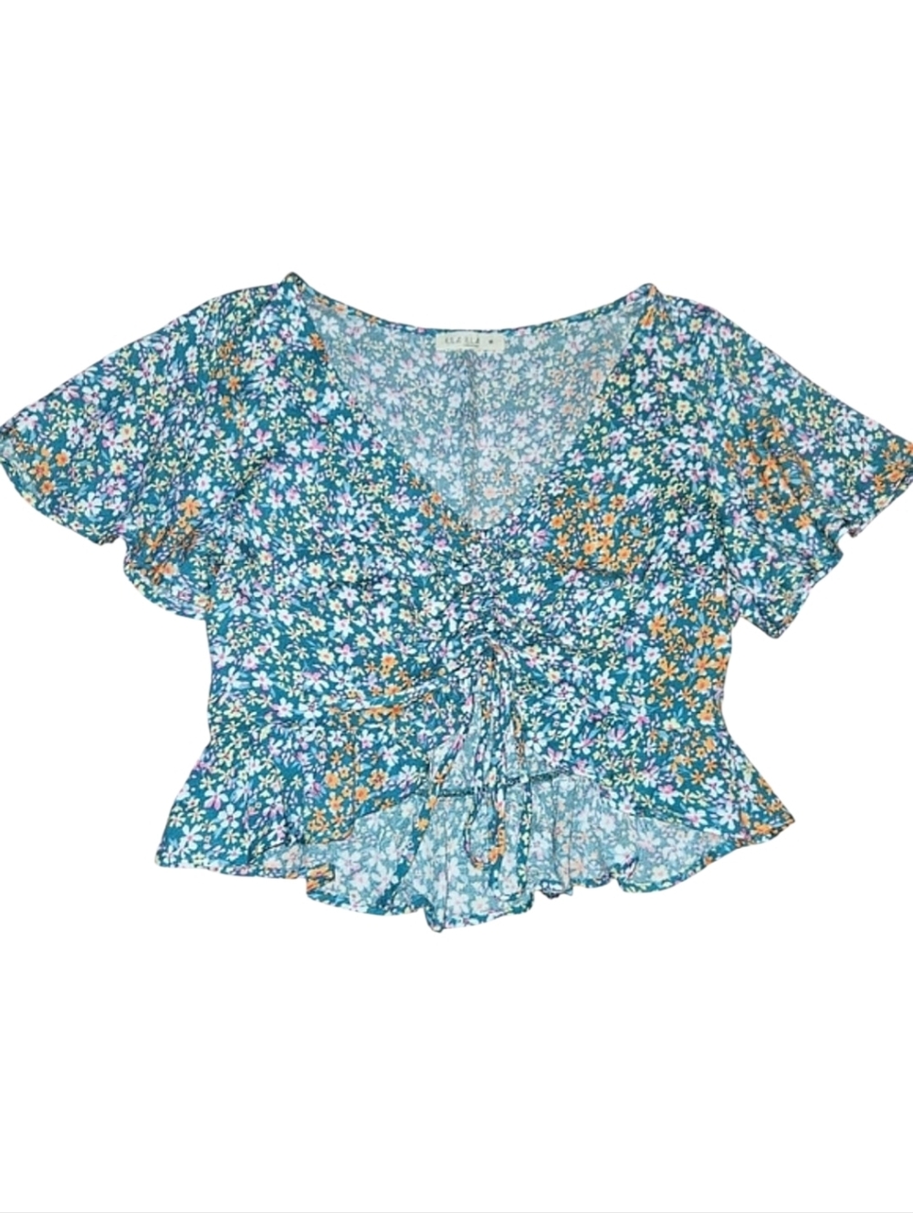 NEW Illa Illa Anthropologie Floral Cottagecore Flutter Sleeve Ruched Crop Top M